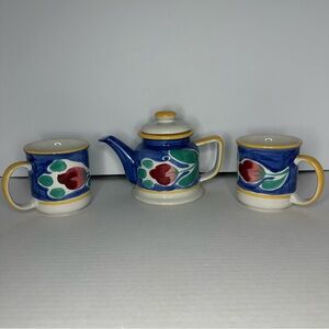 Hand-Painted Floral Teapot with Two Matching Mugs - Blue, Red, Green, Yellow